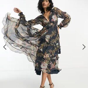 ASOS DESIGN Pleated Layered Tiered Midi Dress Navy Floral Print Size 10 - NEW